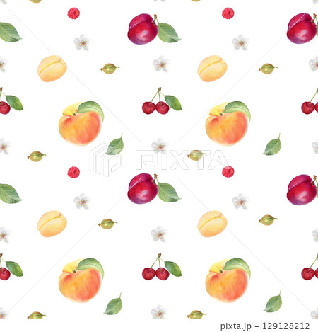 Seamless pattern with peaches, apricot, plum, cherry, raspberry, gooseberry, flower and leaf, hand drawn in watercolor. Seamless pattern with peaches, apricot, plum, cherry, raspberry, gooseberry, flower and leaf, hand drawn in watercolor. 129128212