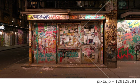 Urban kiosk covered in colorful graffiti and old posters at night Urban kiosk covered in colorful graffiti and old posters at night 129128391