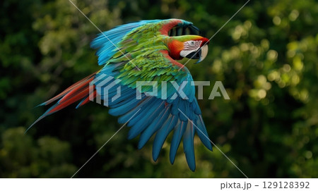 Vibrant macaw soaring through lush jungle air with wings spread wide Vibrant macaw soaring through lush jungle air with wings spread wide 129128392
