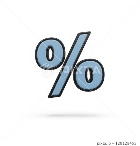 Three dimensional blue gradient percentage symbol with black outline and shadow effect on white background 129128453