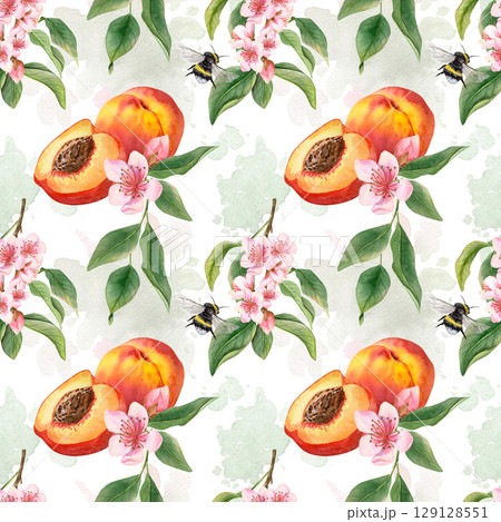 Watercolor seamless pattern with a branch with flowers bumblebee flying to the flowers, a ripe peach, half peach with pit Watercolor seamless pattern with a branch with flowers bumblebee flying to the flowers, a ripe peach, half peach with pit 129128551