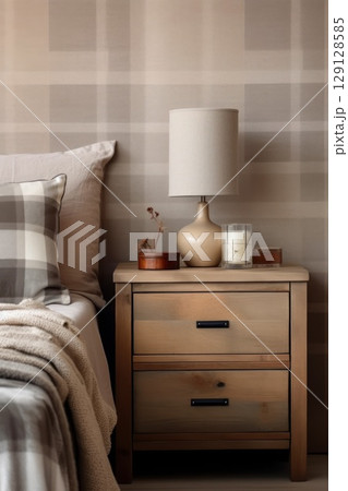 Bedside table with a small lamp for reading before bed. Bedroom interior in a country house. Cozy atmosphere of a wooden country house, where you can escape from the hustle and bustle of the city. 129128585