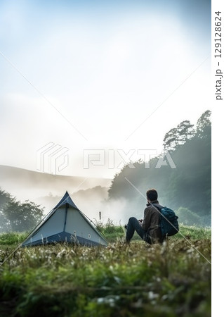 Contemplating morning nature alone with oneself is a separate type of happiness. A man thoughtfully enjoys a morning mug of coffee near his tent, alone with nature. 129128624