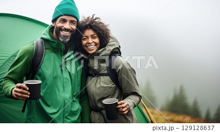 Camping, hiking, love and cup of coffee. The best start to the day is a mug of hot coffee alone with your loved one. Middle aged couple in love drinks morning coffee near their tent in a foggy forest. 129128637