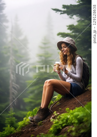 Vertical photo of a female hiker enjoys a morning cup of coffee near her tent, alone with nature. Happiness is being alone with yourself. Breath of the morning foggy forest and the spirit of freedom. 129128638