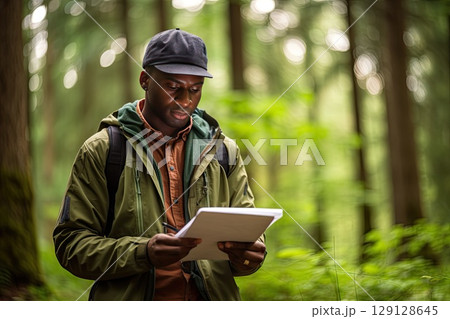 An African American male forester walks around his territory and checks the safety of the trees. He holds a clipboard in his hands and writes down all the changes. Caring for and preserving forests. 129128645