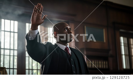 This photograph captures a crucial moment as an African American man takes an oath, pledging his allegiance to the court and the pursuit of justice. 129128725