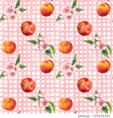 Watercolor hand drawn seamless pattern of pink checkered on background and ripe peaches, peachy pink flowers Watercolor hand drawn seamless pattern of pink checkered on background and ripe peaches, peachy pink flowers 129128761