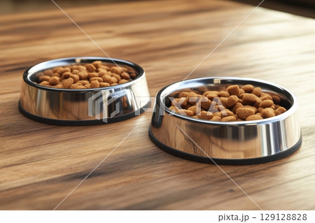 Close-up of two stainless steel bowls filled with dry dog food on polished wooden surface. Natural light reflection adds a clean and modern aesthetic. Ideal for pet product ads or packaging design 129128828