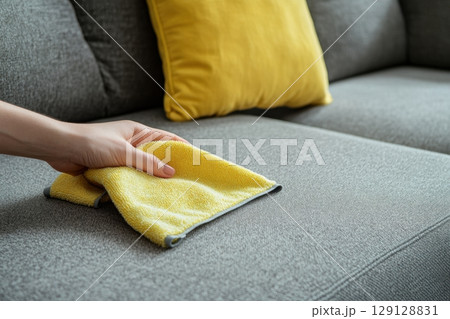 Close-up of a hand cleaning a gray fabric sofa with a yellow microfiber cloth. The image emphasizes home hygiene, fabric care and interior cleanliness with soft natural light and minimal background. 129128831