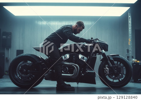 Stylized side view of a man leaning on a futuristic black motorcycle. Cold industrial light. Strong silhouette. Minimalist background. Modern strength. Concept of power, design and masculinity. Banner 129128840