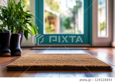 Close-up of natural fiber doormat on wooden floor with open blue doors. Potted plant in frame. Bright daylight outside. Inviting home entrance. Clean, fresh, cozy mood. Interior, lifestyle. Banner 129128843