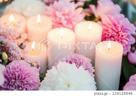 Close-up of glowing white candles surrounded by soft flowers. Warm flame light. Romantic, peaceful ambiance. Blurred pastel background. Spa, relaxation, mindfulness. Cozy mood. Banner, copy space Close-up of glowing white candles surrounded by soft flowers. Warm flame light. Romantic, peaceful ambiance. Blurred pastel background. Spa, relaxation, mindfulness. Cozy mood. Banner, copy space 129128846