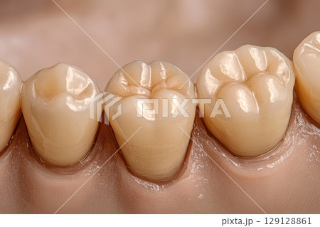Close-up of molar teeth model with high gloss finish and realistic texture. Dental prosthetics for restorative dentistry. Precision dental crown work. Oral care and tooth replacement concept. Banner 129128861