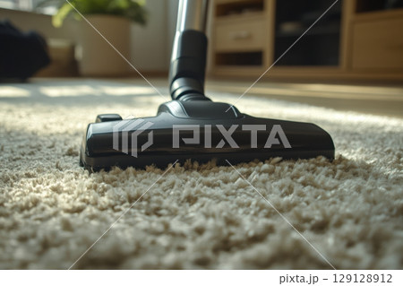 Close-up of vacuum cleaner nozzle on soft beige carpet. Shallow depth of field. Cozy home interior in background. Concept of cleanliness, home care, hygiene, and routine cleaning. Bright and tidy. 129128912