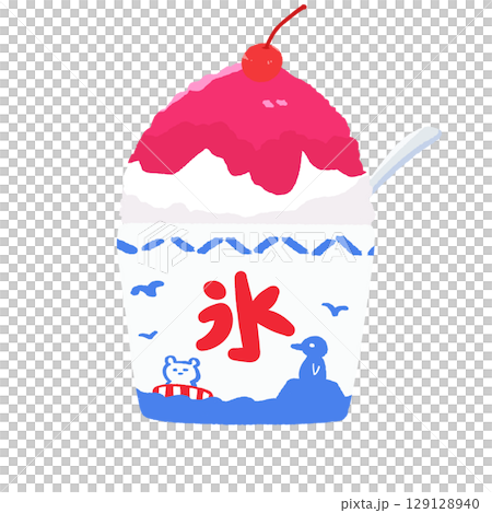 Strawberry shaved ice with cherries and spoon 129128940