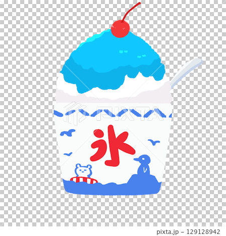 ブルーハワイのかき氷、さくらんぼとスプーン付き ブルーハワイのかき氷、さくらんぼとスプーン付き 129128942