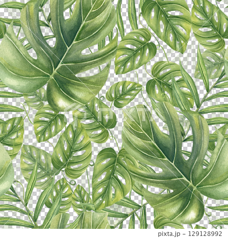 Tropical isolated seamless pattern with monstera, philodendron leaves and areca palm foliage in vibrant green watercolor. Floral repeat illustration for jungle themed wallpaper, exotic interior decor 129128992