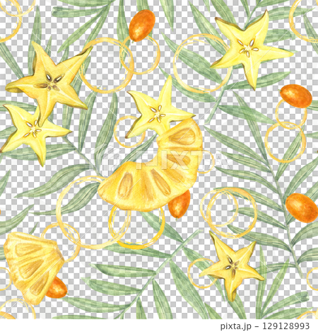 Juicy tropical seamless pattern with pineapple and carambola, slices, kumquats, palm leaves and juice splashes on isolated background. Bright illustration for summer packaging, beach resort textiles. Juicy tropical seamless pattern with pineapple and carambola, slices, kumquats, palm leaves and juice splashes on isolated background. Bright illustration for summer packaging, beach resort textiles. 129128993