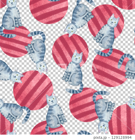 Playful gray tabby cats, textured red circles on white background. Seamless watercolor pattern isolated on white. Fun, hand-painted design ideal for apparel, accessories, wrapping paper, creative 129128994