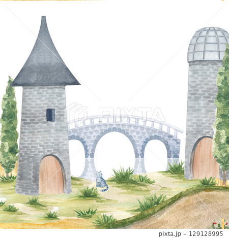 Two stone towers, an arched bridge, grassy terrain, and a striped cat. Whimsical watercolor scene. This hand-painted fantasy landscape is perfect for storybooks, posters, and children design 129128995