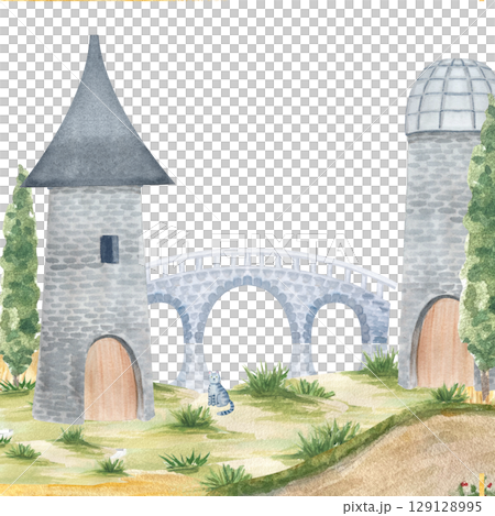 Two stone towers, an arched bridge, grassy terrain, and a striped cat. Whimsical watercolor scene. This hand-painted fantasy landscape is perfect for storybooks, posters, and children design 129128995