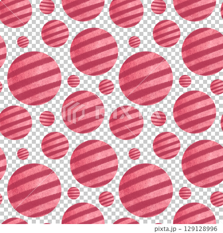 Red textured balls with diagonal stripes. Seamless watercolor pattern isolated on white. Playful minimal design suitable for childrens products, textiles, wrapping paper, and pet-themed backgrounds 129128996