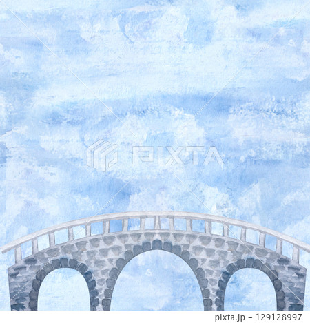 Stone arched bridge with white railings, set against a dreamy cloudy sky. Watercolor illustration. This hand-painted artwork is ideal for fairy tale scenes, children designs, and wall art compositions Stone arched bridge with white railings, set against a dreamy cloudy sky. Watercolor illustration. This hand-painted artwork is ideal for fairy tale scenes, children designs, and wall art compositions 129128997