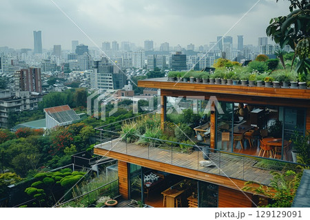 Eco-friendly urban district with green rooftops. A sight to behold, where green rooftops create a seamless connection between city and nature. 129129091
