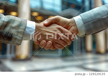 Business deal - handshaking on background of business hall. Hands close-up. The start of something great, locked in a handshake. Business deal - handshaking on background of business hall. Hands close-up. The start of something great, locked in a handshake. 129129135