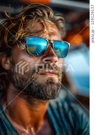 Bearded brutal handsome yacht owner in sunglasses on vessel deck looking forward in open ocean horizon while deep sea tuna fishing. Enigmatic mariner at one with the elements. 129129137