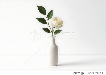 Minimalist luxury flower vase with elegant plant on white background 129129441
