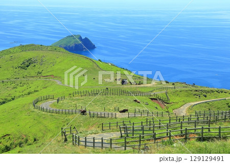 【島根県】快晴のアカハゲ山展望台からの眺望（隠岐の島　知夫里島） 129129491