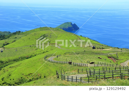 【島根県】快晴のアカハゲ山展望台からの眺望（隠岐の島　知夫里島） 129129492