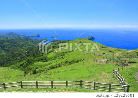 【島根県】快晴のアカハゲ山展望台からの眺望（隠岐の島　知夫里島） 129129501