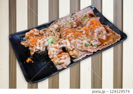 Top view of sushi beef wagyu, focus selective Top view of sushi beef wagyu, focus selective 129129574