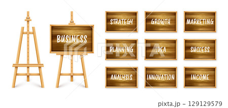 Wooden chalkboard on easel. Blackboard in wooden frame on a tripod. Presentation board with text, writing or drawing surface. Business investment, economics and finance. Vector illustration 129129579