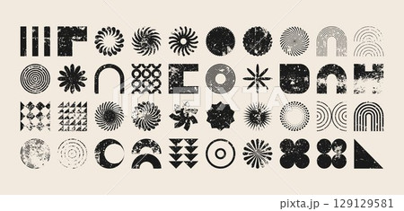 Brutalist geometric shapes, modern grunge symbols. Simple primitive elements and forms, distressed details. Retro design, aged, vintage, trendy contemporary minimalist style, y2k. Vector illustration 129129581