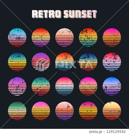 Grunge vintage colorful sunset. Striped gradient sunrise badges in 80s and 90s style. Sun and ocean view, summer vibes, surfing. Design element for print, logo or t-shirt. Vector illustration 129129582