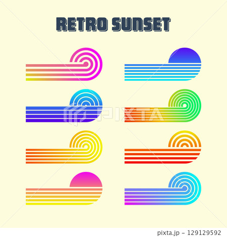 Vintage colorful sunset. Various gradient striped sunrise badges in 80s and 90s style. Sun and ocean view, summer vibes, surfing. Design element for print, logo or t-shirt. Vector illustration Vintage colorful sunset. Various gradient striped sunrise badges in 80s and 90s style. Sun and ocean view, summer vibes, surfing. Design element for print, logo or t-shirt. Vector illustration 129129592