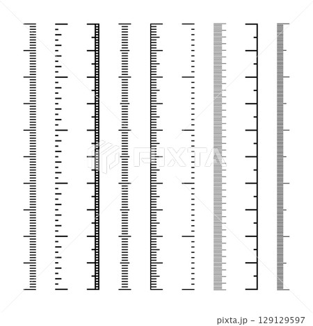Vertical measurement scales with divisions. Realistic scale for measuring length or height in centimeters, millimeters or inches. Ruler, tape measure marks, size indicators. Vector illustration 129129597