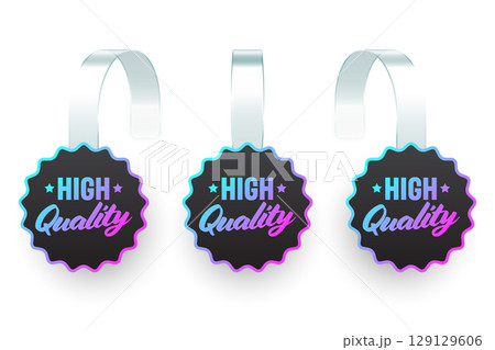 Colorful neon supermarket promotional wobblers. Realistic wobbler template for shelf advertising. Sale or discount label with ad text. Special offer price tag. Vector illustration 129129606