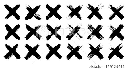 Grunge crosses, brush strokes, x mark, lines, ink smudges, hand-drawn scribble shapes. Handmade sketchy marks, acrylic stains, charcoal streaks. Paint textures, dry brush effect. Vector illustration 129129611