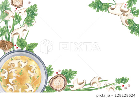 Shiitake mushroom soup in bowl with fresh herbs watercolor horizontal frame on isolated background. Sliced champignon, fresh green mitsuba, dill, scallion, peppercorns illustration. For menu, label. 129129624
