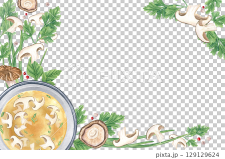 Shiitake mushroom soup in bowl with fresh herbs watercolor horizontal frame on isolated background. Sliced champignon, fresh green mitsuba, dill, scallion, peppercorns illustration. For menu, label. 129129624