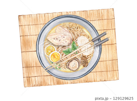 Traditional Asian ramen soup on bamboo mat with chopsticks watercolor illustration isolated background. Noodles, shiitake, egg and chicken slices, vegetables. Japanese restaurant menu, food packaging. 129129625