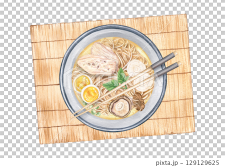 Traditional Asian ramen soup on bamboo mat with chopsticks watercolor illustration isolated background. Noodles, shiitake, egg and chicken slices, vegetables. Japanese restaurant menu, food packaging. 129129625
