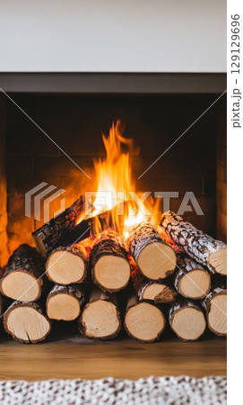 Birch logs burning brightly in a modern fireplace, radiating warmth and creating a cozy, inviting ambiance, ideal for enjoying a relaxing evening at home during the winter season Birch logs burning brightly in a modern fireplace, radiating warmth and creating a cozy, inviting ambiance, ideal for enjoying a relaxing evening at home during the winter season 129129696