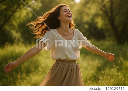 Joyful woman spinning gracefully in natural clothing under sunlight 129129711