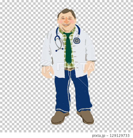 ぽっちゃり体型の笑顔の男性医師(内科医風)/白衣・聴診器・チェックシャツ・ネクタイ ぽっちゃり体型の笑顔の男性医師(内科医風)/白衣・聴診器・チェックシャツ・ネクタイ 129129733